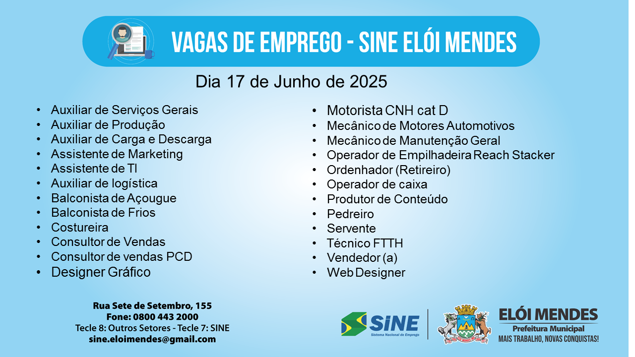 VAGAS DE EMPREGO (SINE ELÓI MENDES)