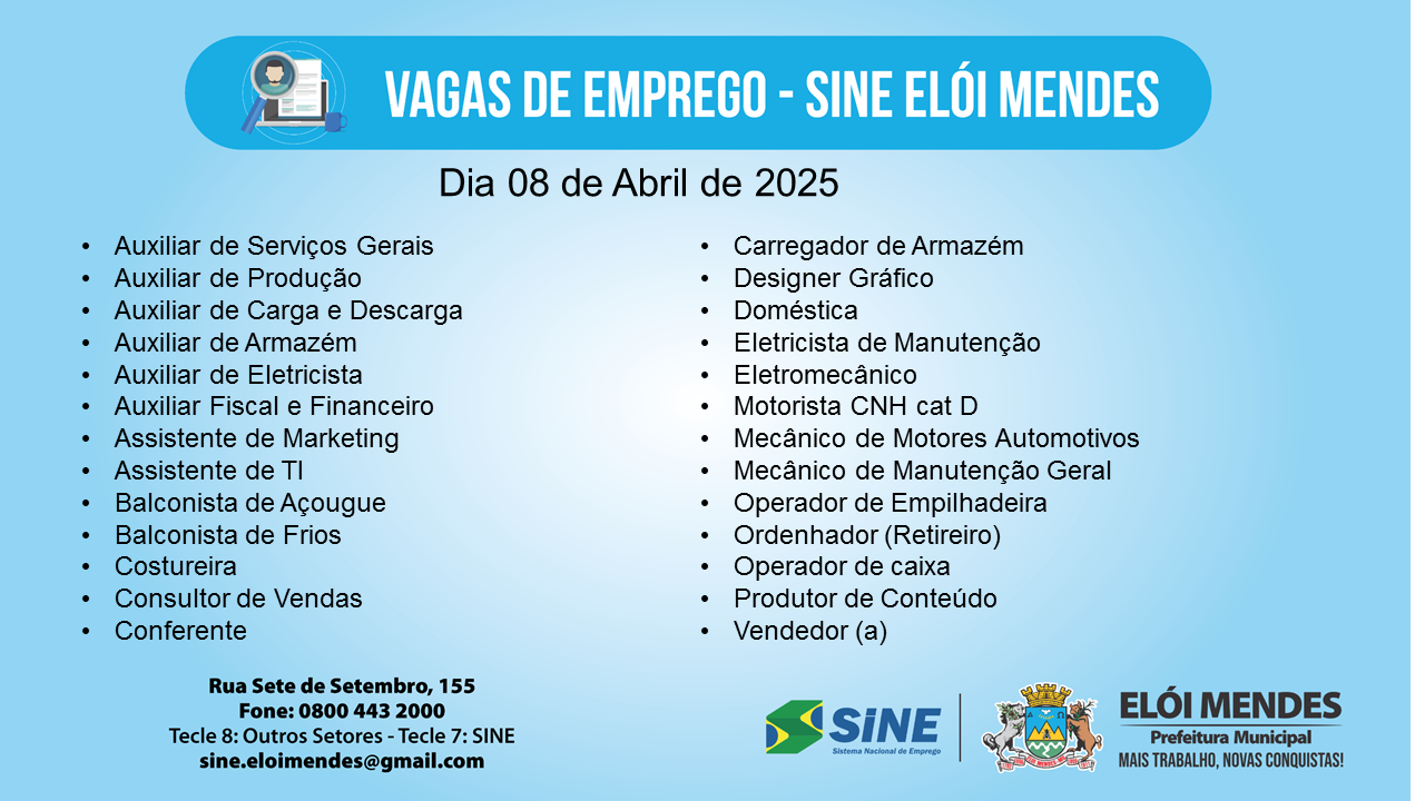 VAGAS DE EMPREGO (SINE ELÓI MENDES)